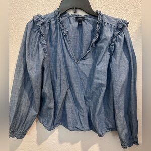 J. Crew Women's Chambray Ruffle Collar Long-sleeve V Neck Top